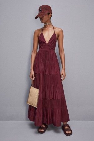 Patrizia Pepe Ankle-length Bare-back Pleated Dress Nachový | 317-MKBNUC