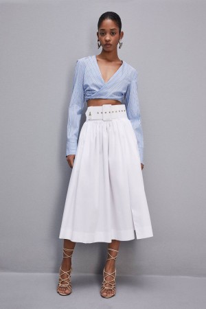 Patrizia Pepe Midi Flared Skirt With Belt Biele | 579-BYCUMA